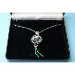 Fine 18ct white gold onyx, diamond & jade pendant on chain