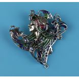 Silver champlevé enamel & ruby set, Art Nouveau style brooch / pendant