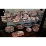 2 shelves of red & white china