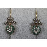 Pair of pearl, emerald & diamond heart shaped earrings