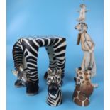 Collection of carved African animals to include Zebra stool