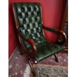 Chesterfield York slipper chair with green leather & mahogany frame