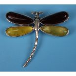 Silver & amber dragonfly brooch