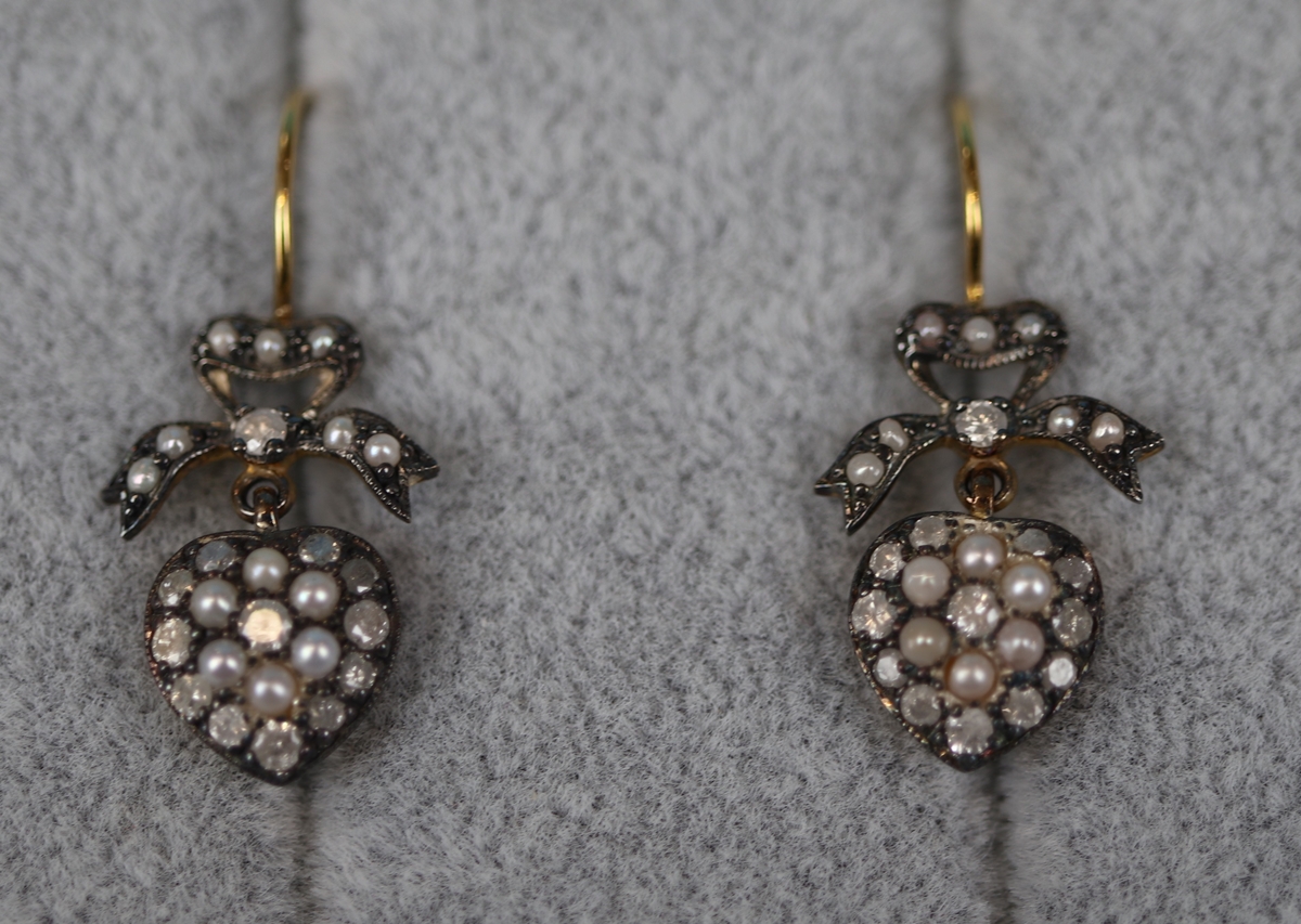 Pair of pearl & diamond heart shaped earrings