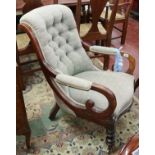 Mahogany framed button back slipper chair with scrolled arms