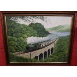 Oil on canvas - Train on bridge - Image size approx 44.5cm x 34.5cm