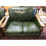 Green leather oak framed sofa