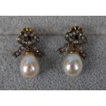Pair of pearl & diamond bow earrings