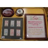 Barometer, sampler, picture & framed silks