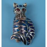 Silver enamel cat brooch