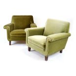 A pair of 1940's green velour armchairs