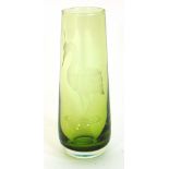 A 1960's green glass vase etched with a