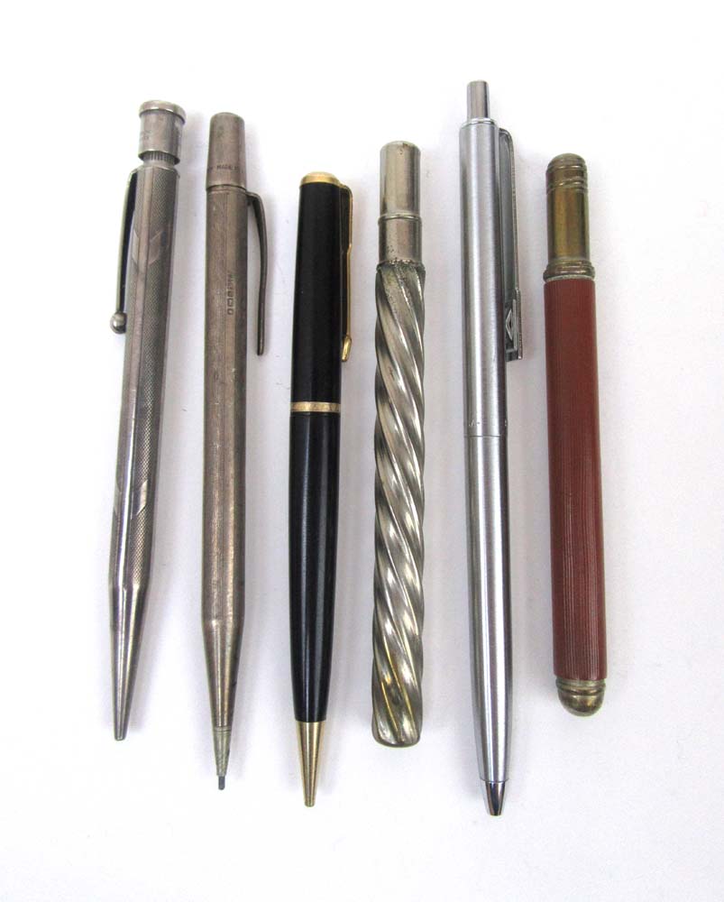 A group of six propelling pencils and pe