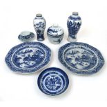 A collection of blue and white ceramics