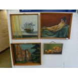Four mid-20th century framed oils on boa