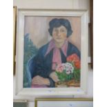 A framed oil on board of lady with flowe