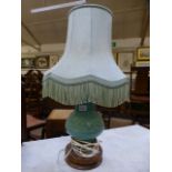 A turquoise ceramic table lamp on a turn