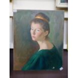 An unframed oil on canvas of young lady