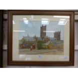 A framed and glazed drawing of a church