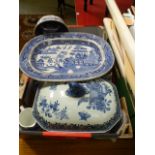 A tray of blue and white tableware to in