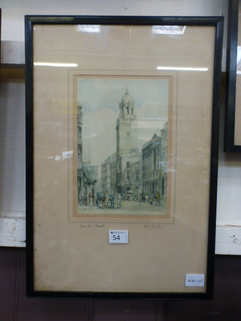 A framed and glazed print of street scen