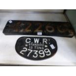 A cast iron railway sign together with o