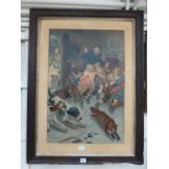 An oak framed print of hounds chasing a