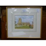 A framed and glazed watercolour of churc