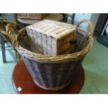 A large wicker circular wood basket toge