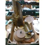 A tray of assorted brass and copper ware