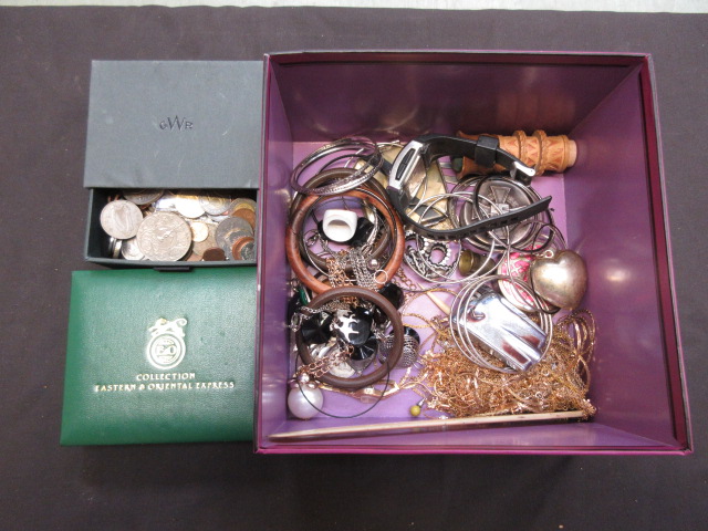 A selection of costume jewellery, coinag