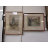 Two framed and graved coloured etchings,