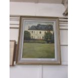 A framed oil on board of house with gard