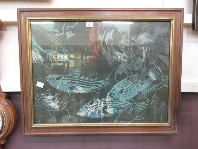 A framed and glazed print of fish by Dav