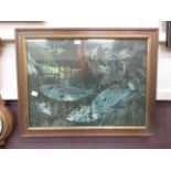 A framed and glazed print of fish by Dav