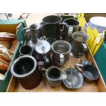 A tray of mainly pewter tankards etc.