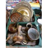 Two trays of brass and copper ware to in