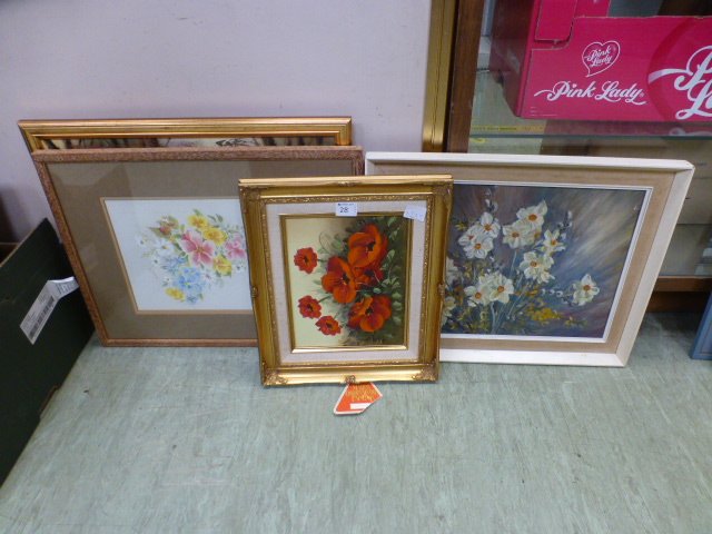 Four framed paintings mainly of flowers