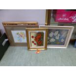 Four framed paintings mainly of flowers