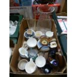 A tray containing glassware, mugs, cased set of binoculars etc.