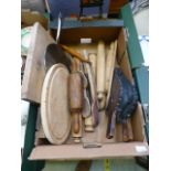 A tray containing a wooden bread board, wooden rolling pin, bellows etc.