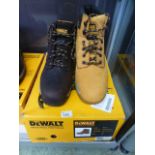 An unusual pair of Dewalt steel toe cap boots comprising of a light tan size 12 left boot and a dark