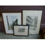 Three framed and glazed prints of buildi