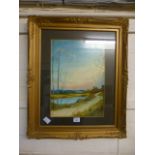 A gilt framed watercolour of lake scene