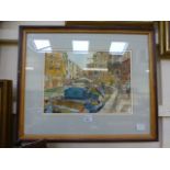 A framed and glazed watercolour of canal