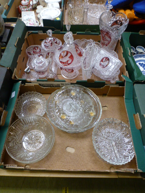 Two trays of cut and pressed glassware,