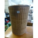 A wicker laundry basket