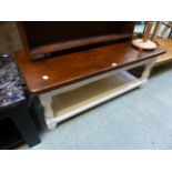 A modern coffee table with stained pine