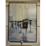 A framed print of rainy street scene