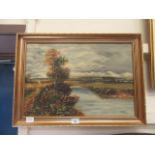A framed oil on canvas of boating scene